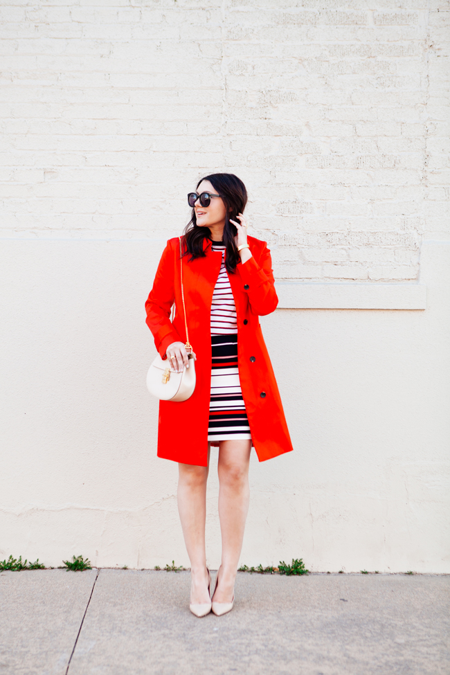 Red trench with striped pencil skirt by Kendi Everyday.