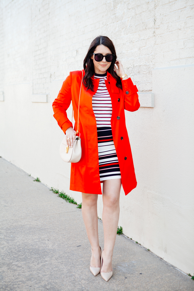 Red trench with striped pencil skirt by Kendi Everyday.