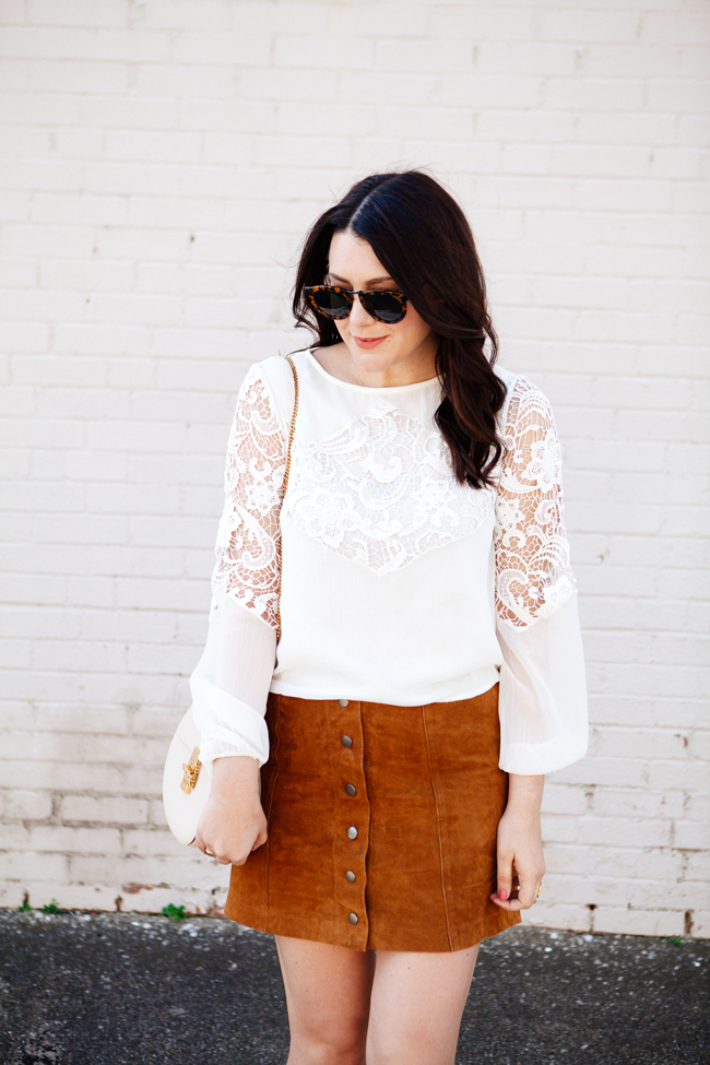 Suede skirt and lace top by style blogger Kendi Everyday.