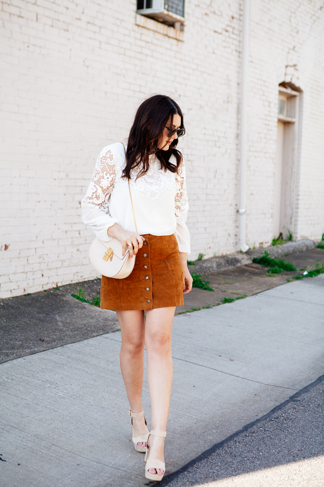 Suede skirt and lace top by style blogger Kendi Everyday.