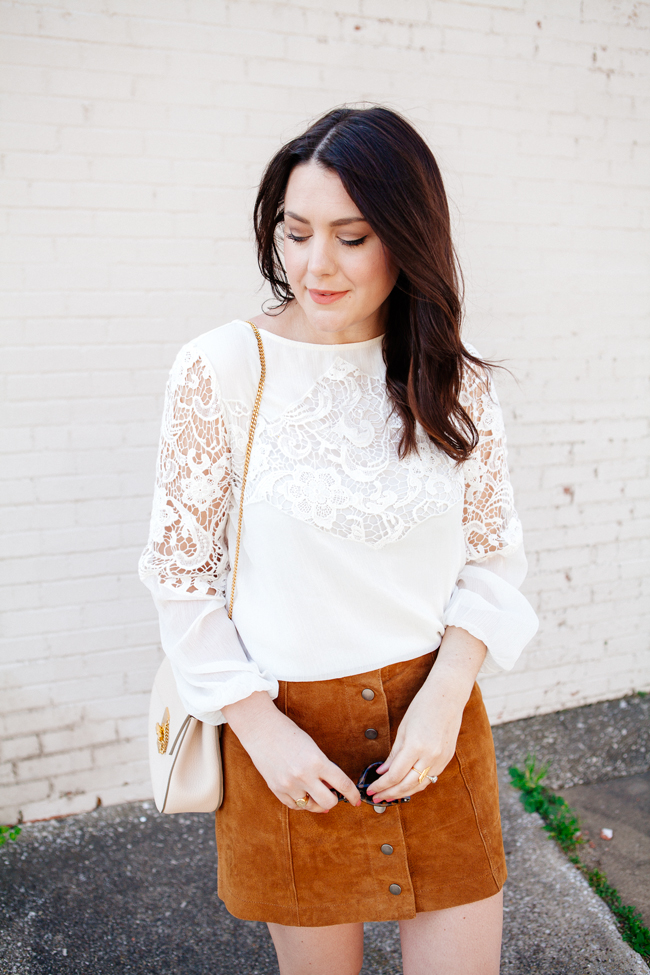 Suede skirt and lace top by style blogger Kendi Everyday.