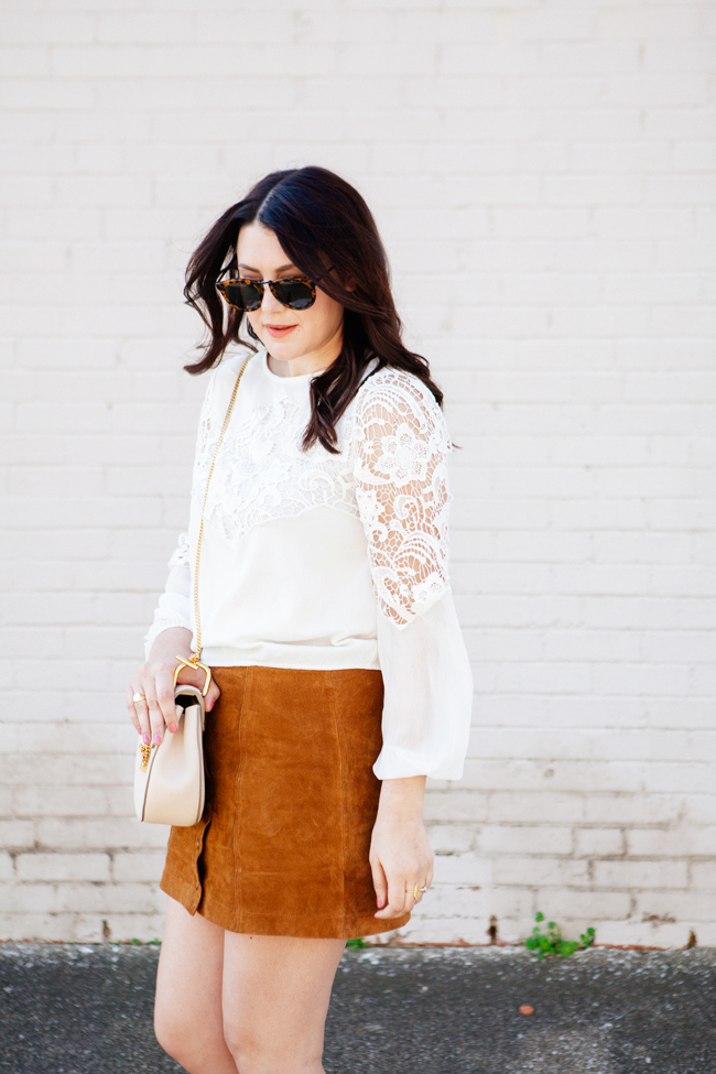 Suede skirt and lace top by style blogger Kendi Everyday.