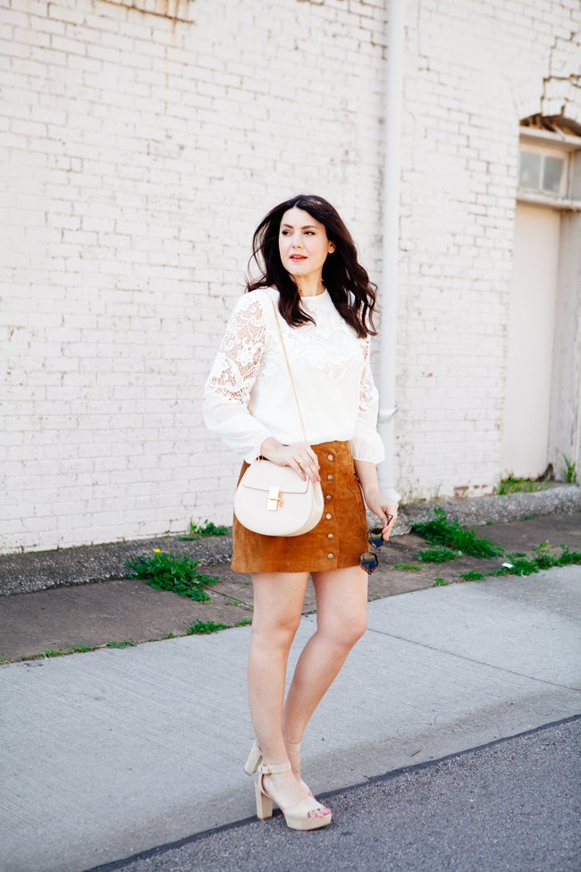 Suede skirt and lace top by style blogger Kendi Everyday.