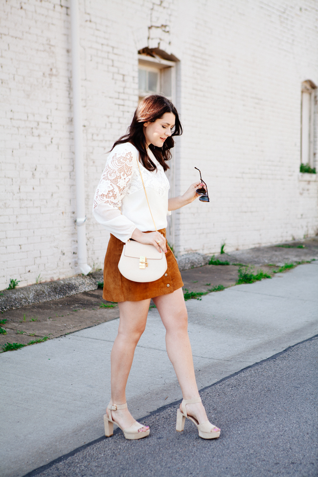 Suede skirt and lace top by style blogger Kendi Everyday.