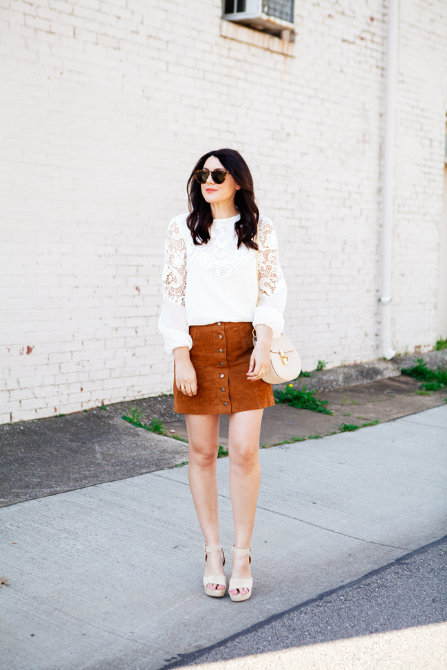 Suede skirt and lace top by style blogger Kendi Everyday.