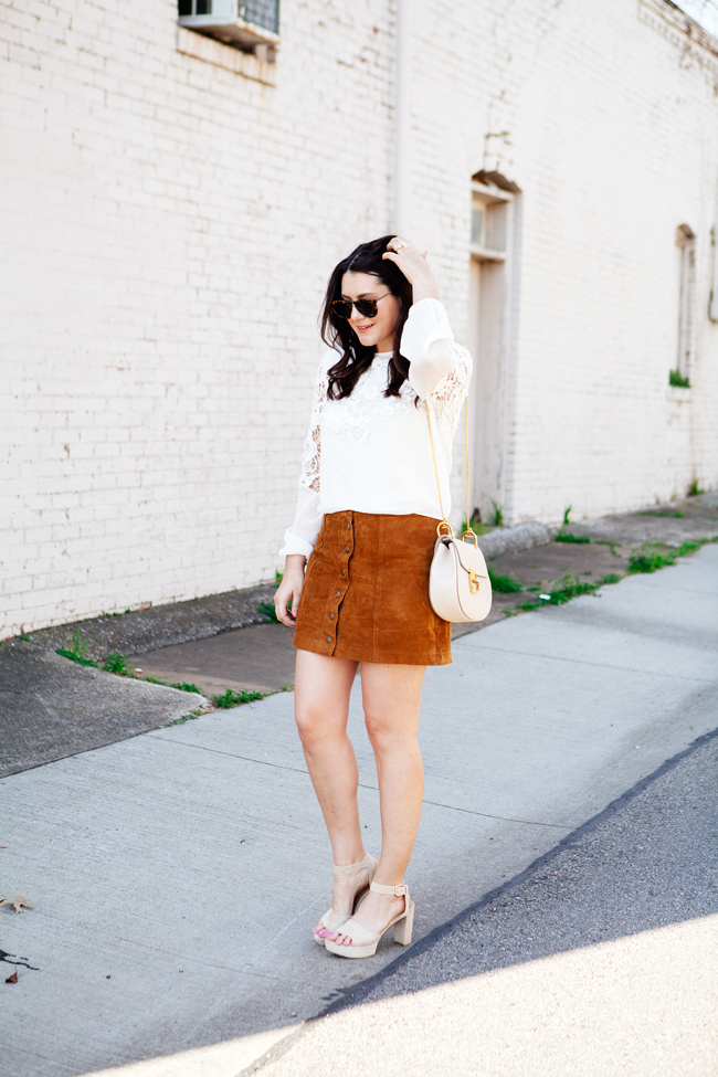 Suede skirt and lace top by style blogger Kendi Everyday.