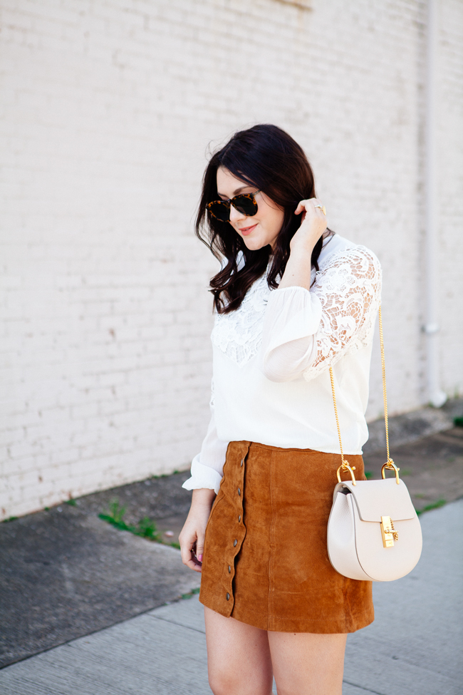 Suede skirt and lace top by style blogger Kendi Everyday.