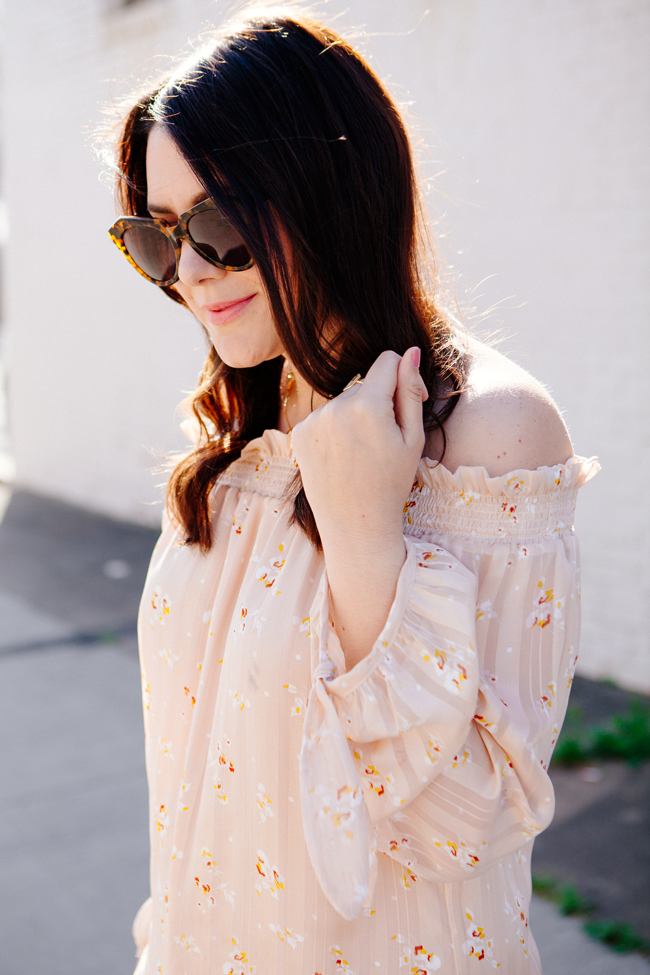 Off the shoulder floral dress from style blogger Kendi Everyday.