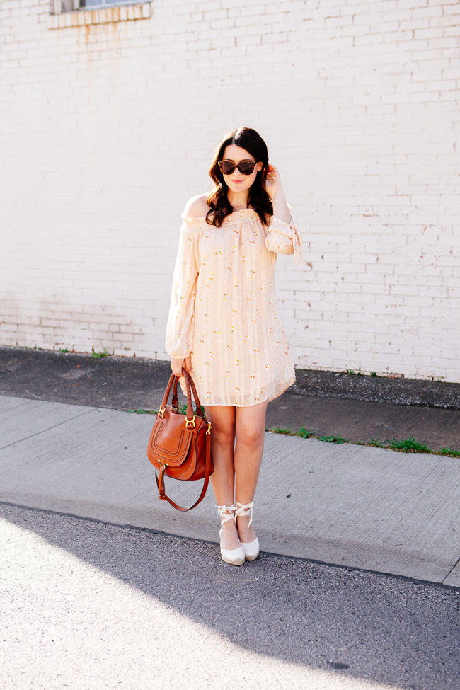 Off the shoulder floral dress from style blogger Kendi Everyday.
