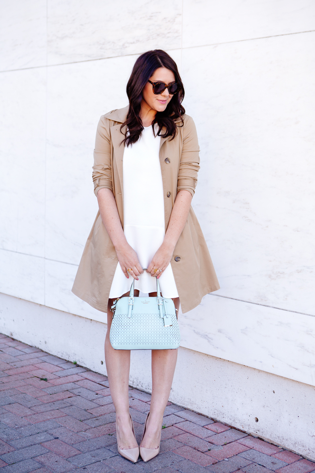 Classic trench coat and white dress on Kendi Everyday