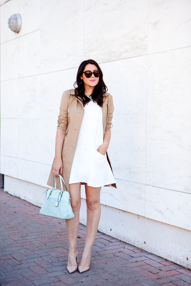 Classic trench coat and white dress on Kendi Everyday