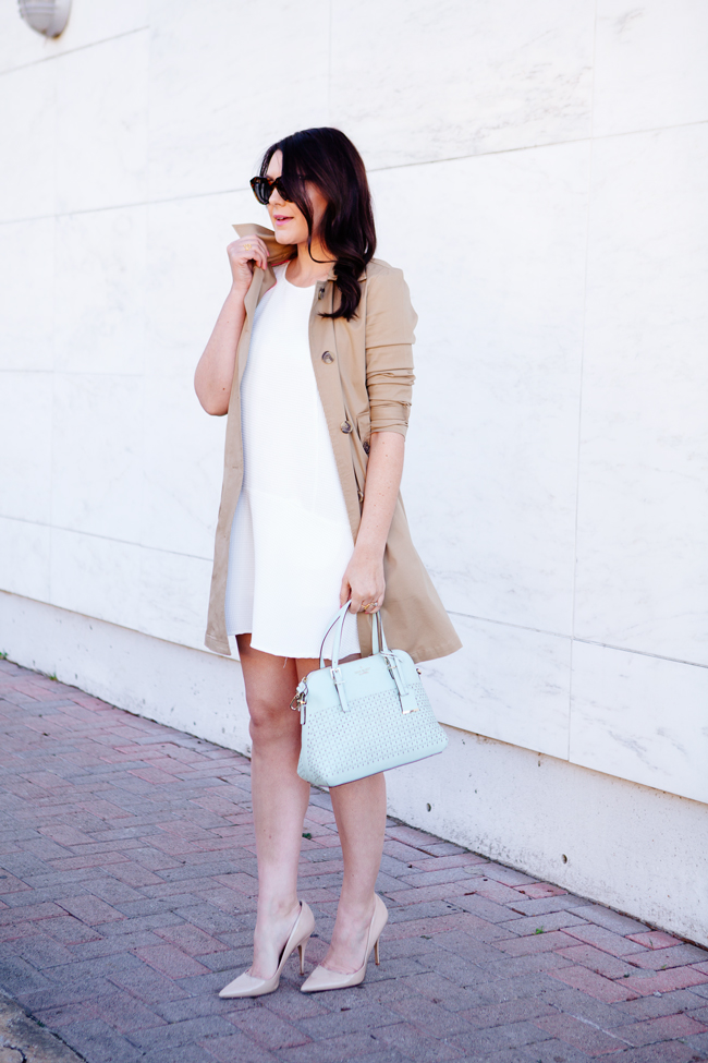 Classic trench coat and white dress on Kendi Everyday
