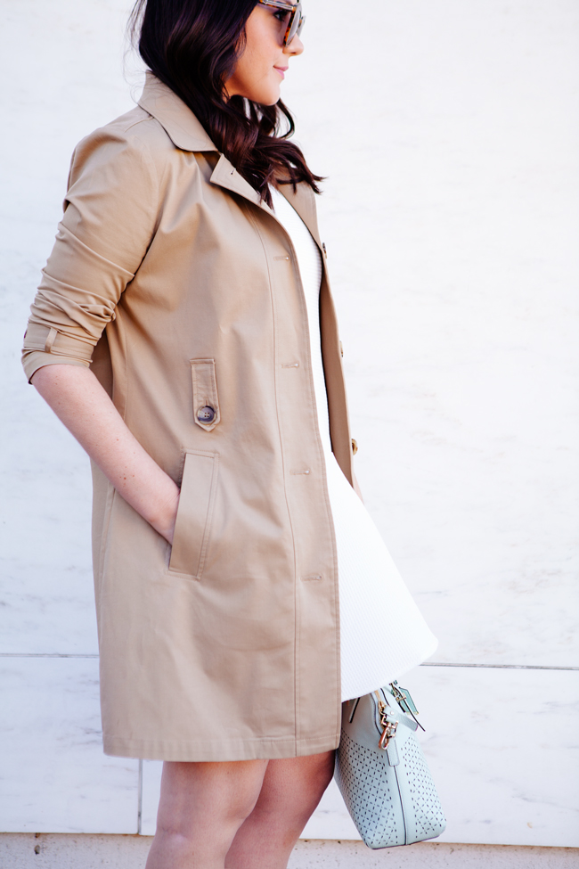 Classic trench coat and white dress on Kendi Everyday