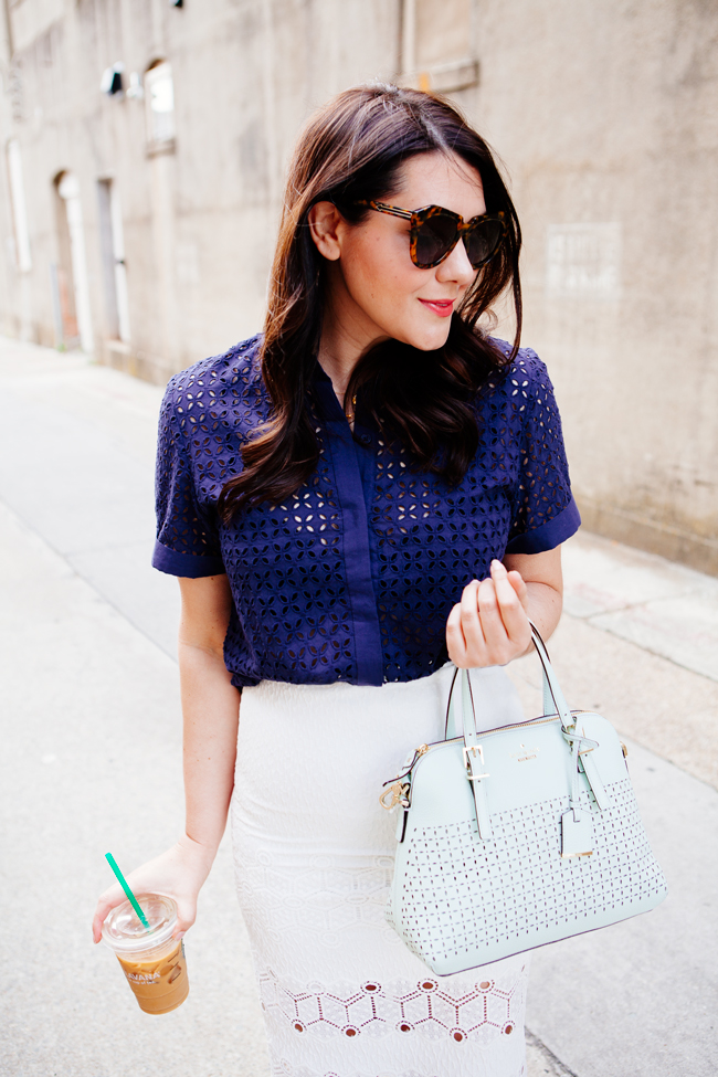 Pencil skirt and Eyelet Top on Kendi Everyday