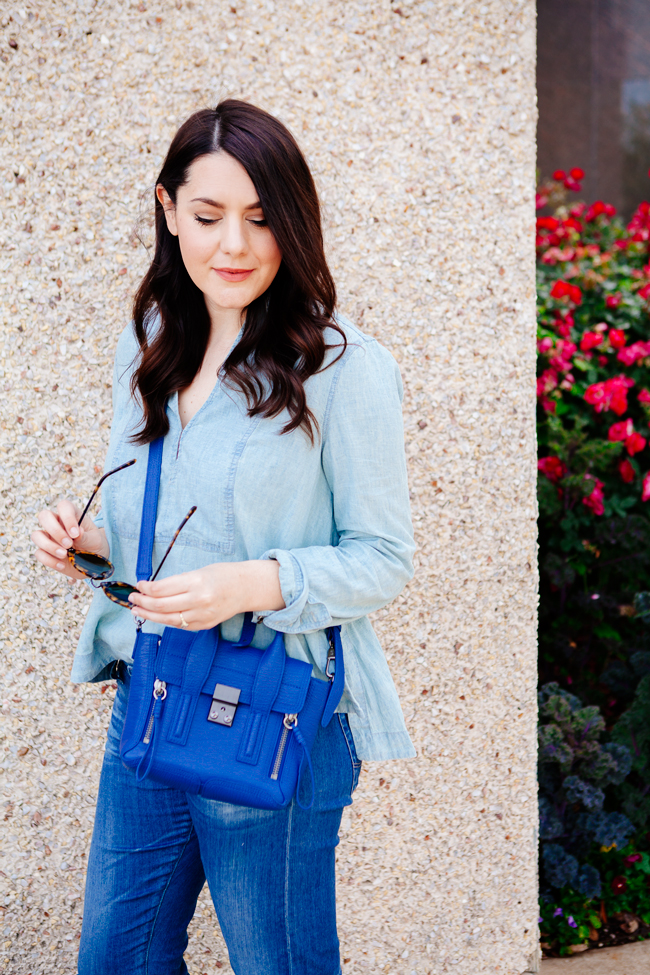 Chambray top and boyfriend jeans on Kendi Everyday