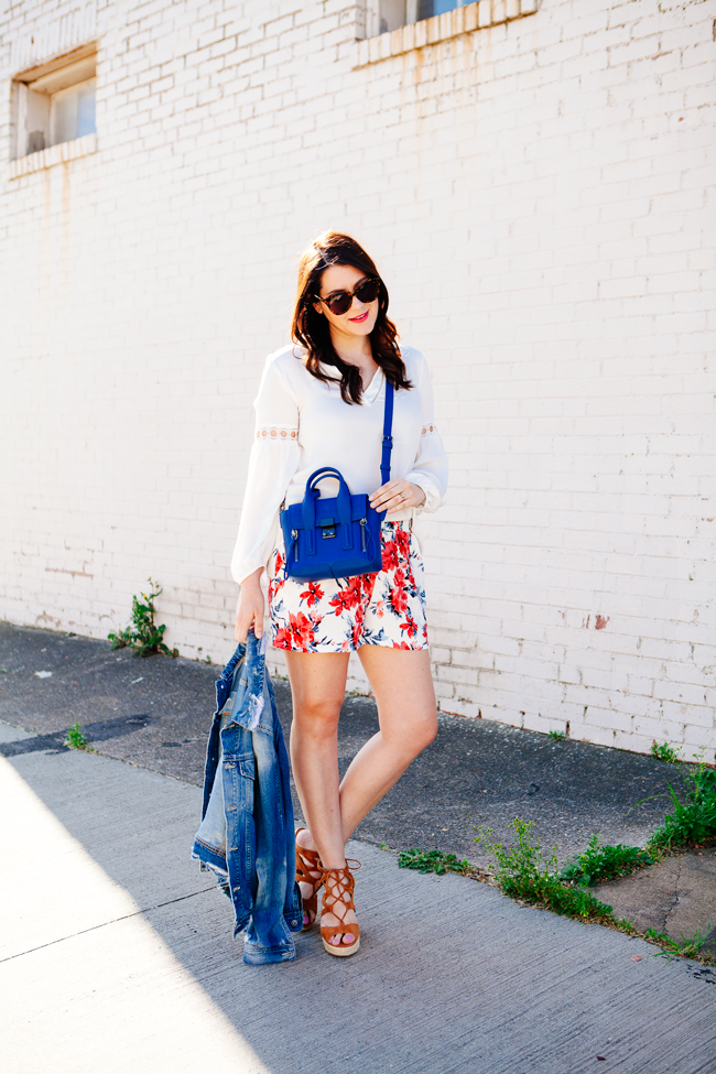 Floral shorts and denim jacket on Kendi Everyday