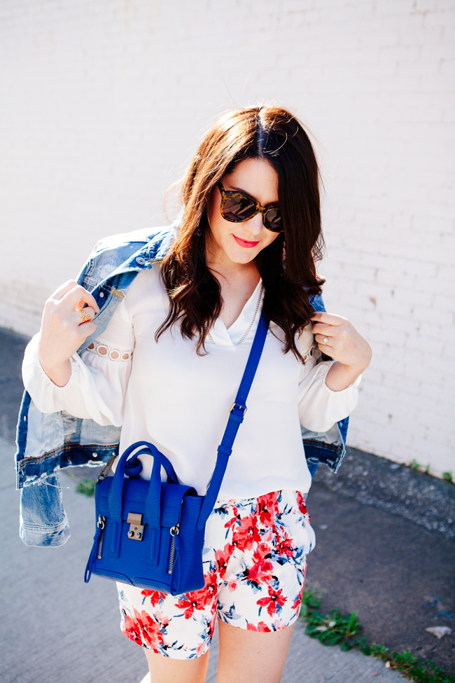 Floral shorts and denim jacket on Kendi Everyday