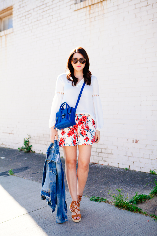 Floral shorts and denim jacket on Kendi Everyday