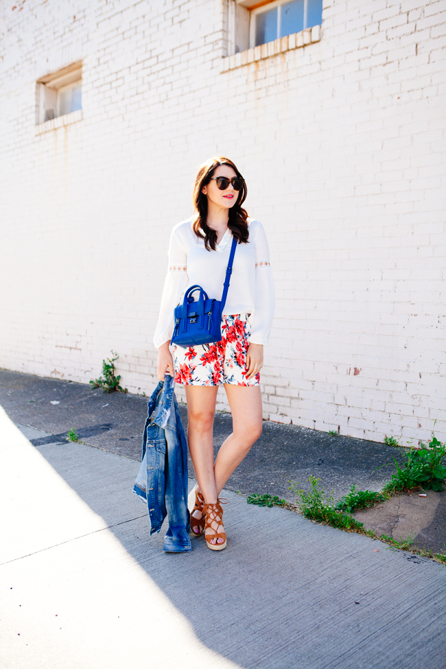 Floral shorts and denim jacket on Kendi Everyday