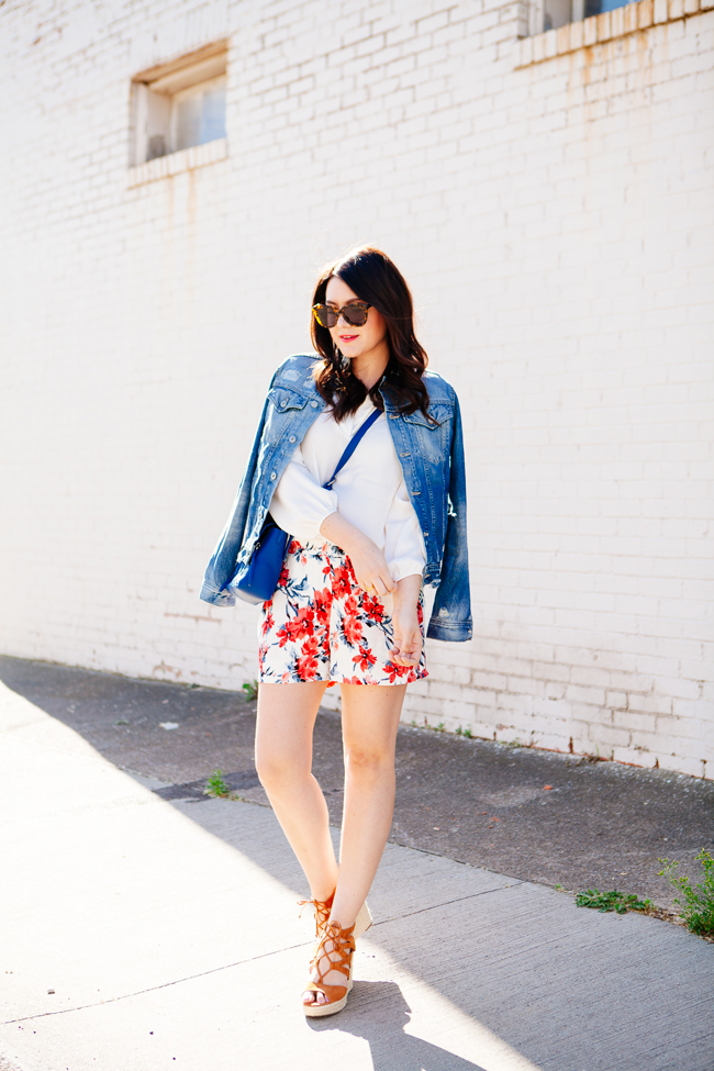 Floral shorts and denim jacket on Kendi Everyday