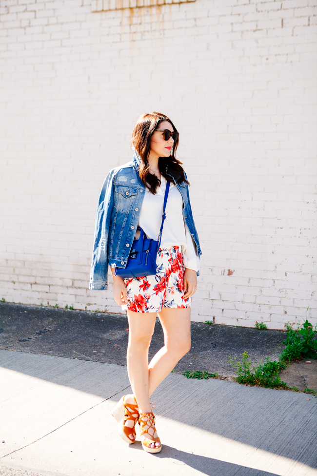 Floral shorts and denim jacket on Kendi Everyday