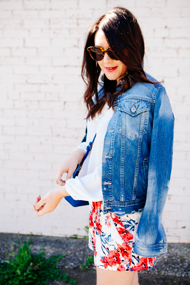 Floral shorts and denim jacket on Kendi Everyday