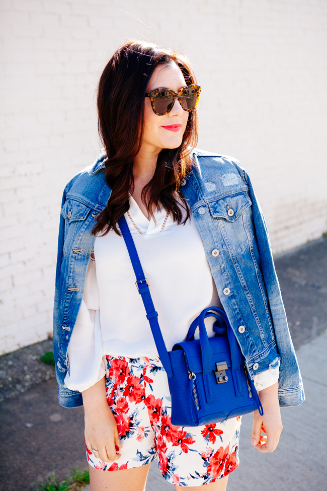 Floral shorts and denim jacket on Kendi Everyday