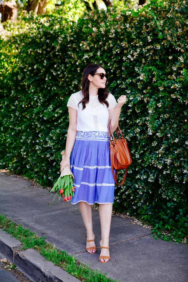 Chambray Skirt + Lace Tee on Kendi Everyday