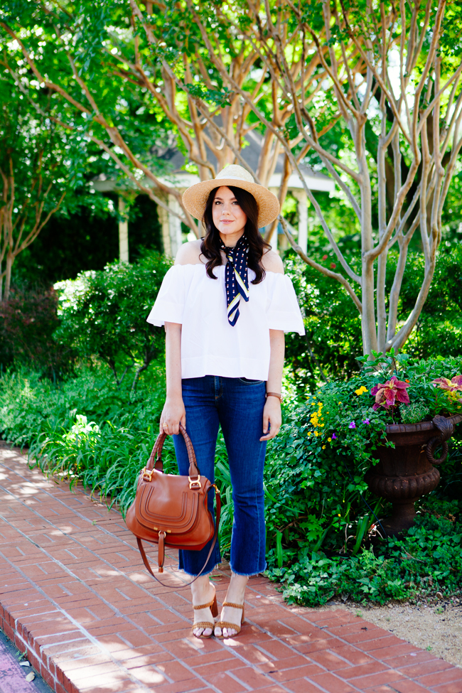 Off the Shoulder Blouse, Scarf and Cropped Flare Denim on Kendi Everyday