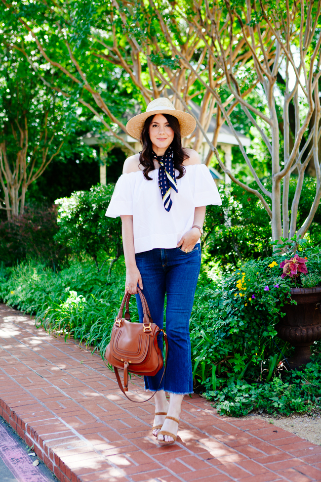 Off the Shoulder Blouse, Scarf and Cropped Flare Denim on Kendi Everyday
