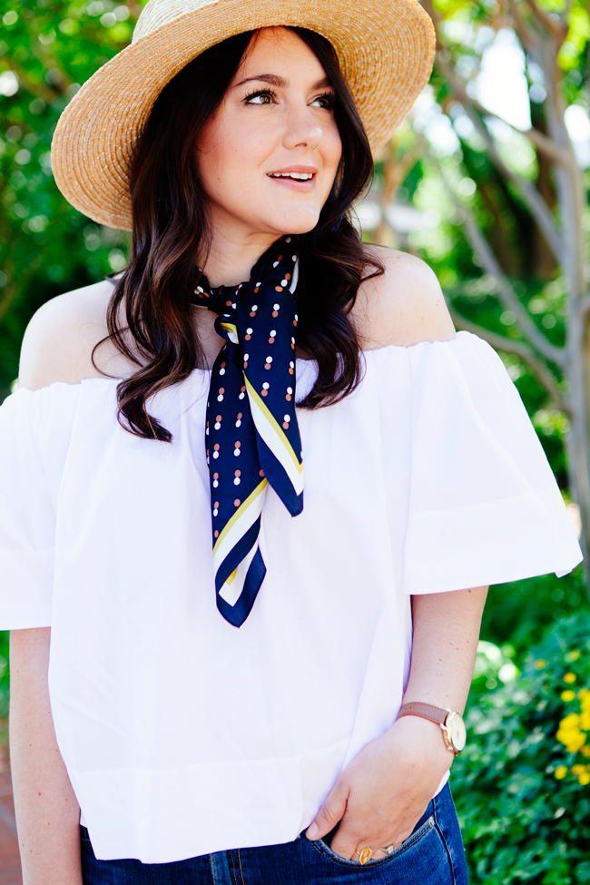 Off the Shoulder Blouse, Scarf and Cropped Flare Denim on Kendi Everyday