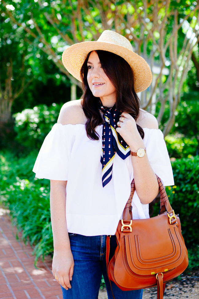 Off the Shoulder Blouse, Scarf and Cropped Flare Denim on Kendi Everyday