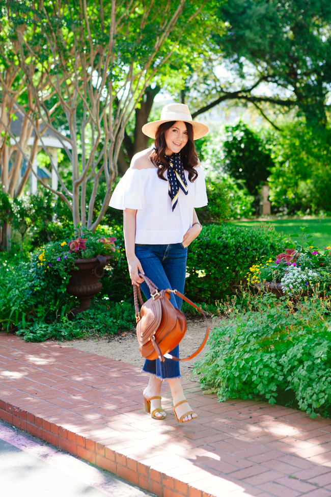 Off the Shoulder Blouse, Scarf and Cropped Flare Denim on Kendi Everyday