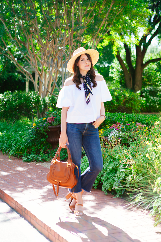 Off the Shoulder Blouse, Scarf and Cropped Flare Denim on Kendi Everyday