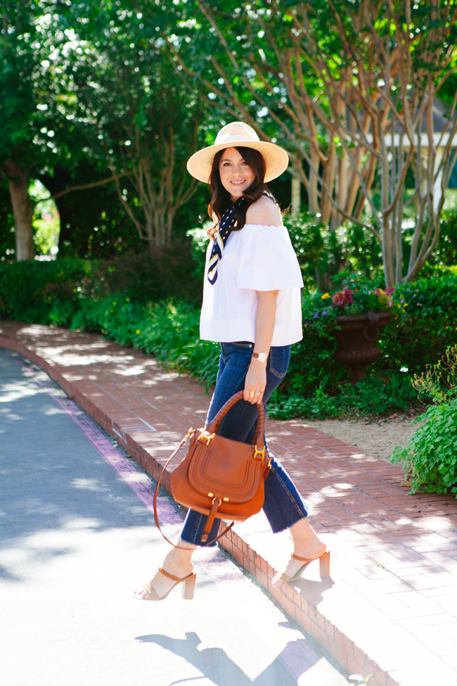 Off the Shoulder Blouse, Scarf and Cropped Flare Denim on Kendi Everyday