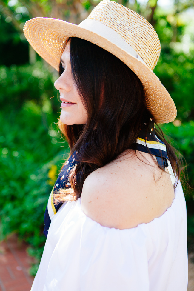 Off the Shoulder Blouse, Scarf and Cropped Flare Denim on Kendi Everyday