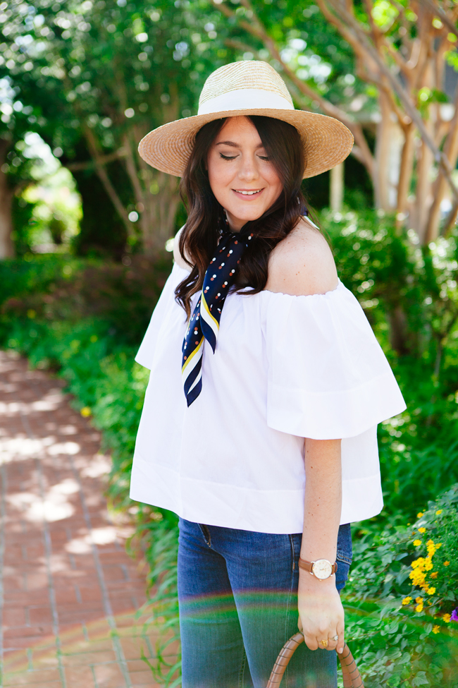 Off the Shoulder Blouse, Scarf and Cropped Flare Denim on Kendi Everyday