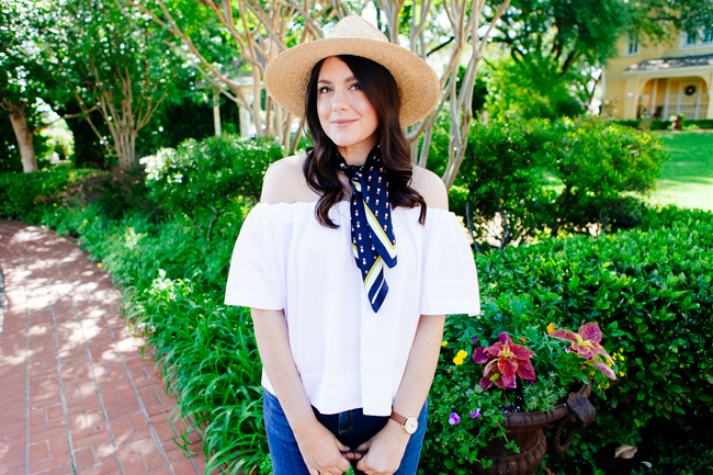 Off the Shoulder Blouse, Scarf and Cropped Flare Denim on Kendi Everyday