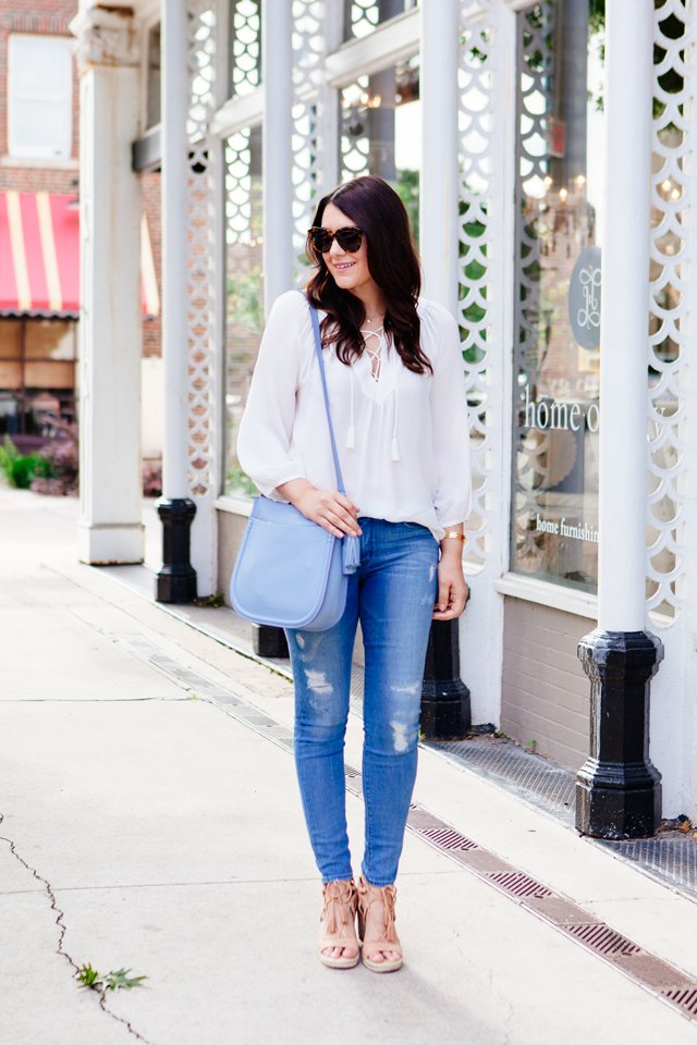 Lace up blouse and lace up espadrilles on Kendi Everyday