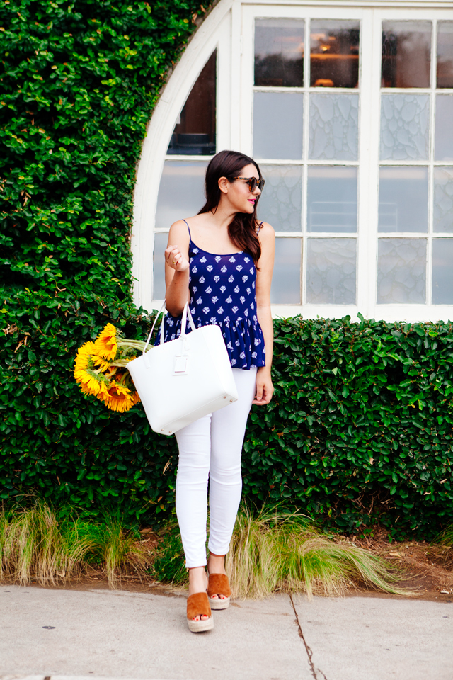 Navy printed peplum tank and white jeans on Kendi Everyday