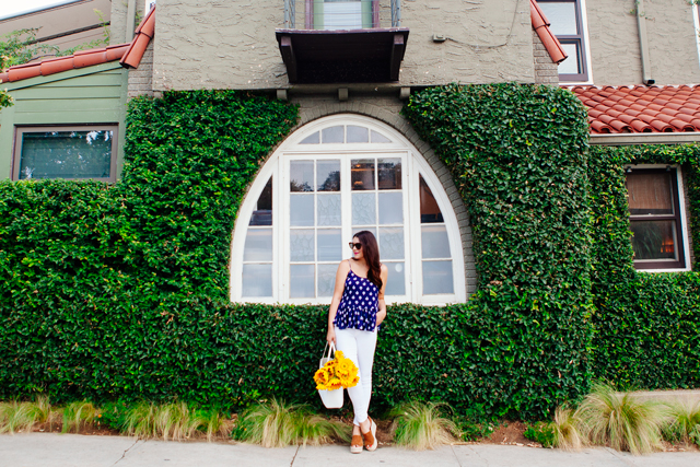 Navy printed peplum tank and white jeans on Kendi Everyday