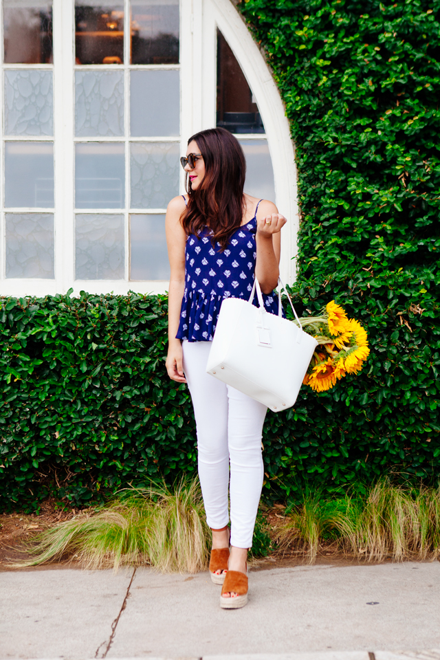 Navy printed peplum tank and white jeans on Kendi Everyday