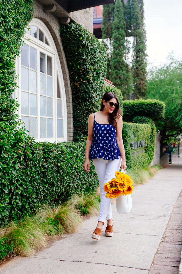 Navy printed peplum tank and white jeans on Kendi Everyday