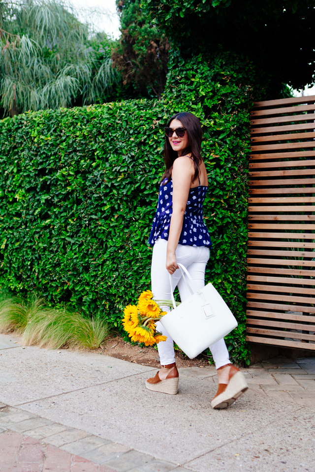 Navy printed peplum tank and white jeans on Kendi Everyday