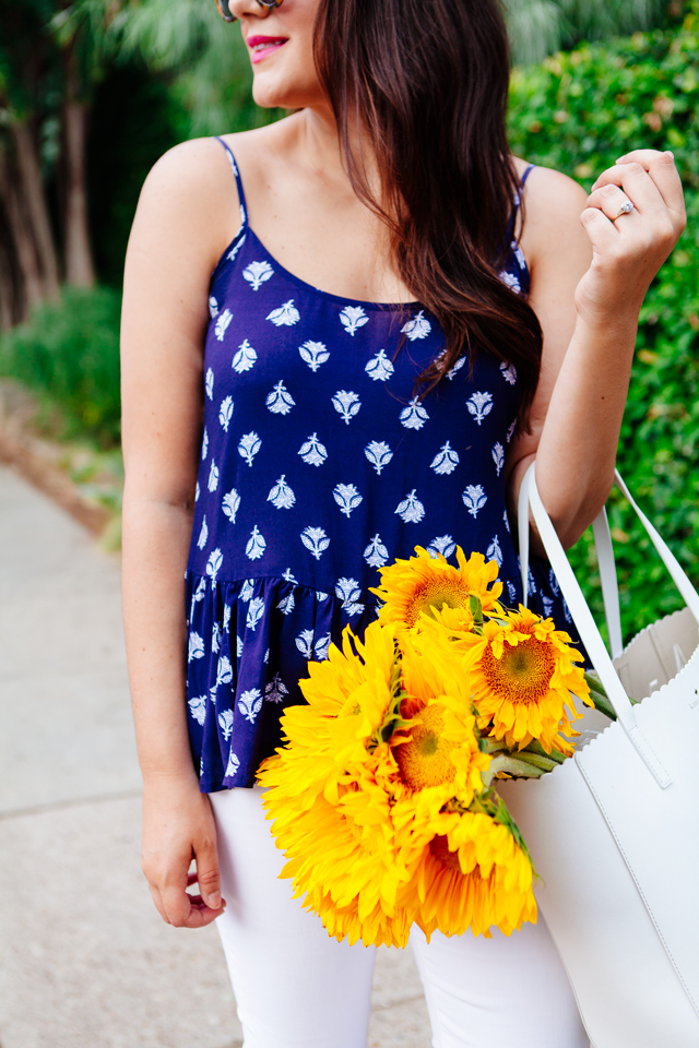 Navy printed peplum tank and white jeans on Kendi Everyday