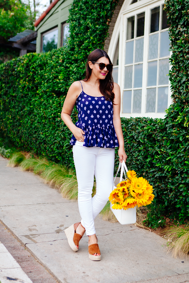 Navy printed peplum tank and white jeans on Kendi Everyday