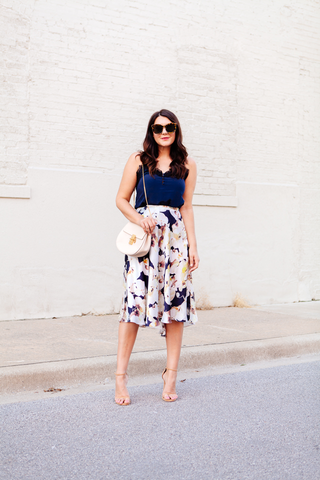 Floral skirt with navy camisole on Kendi Everyday.