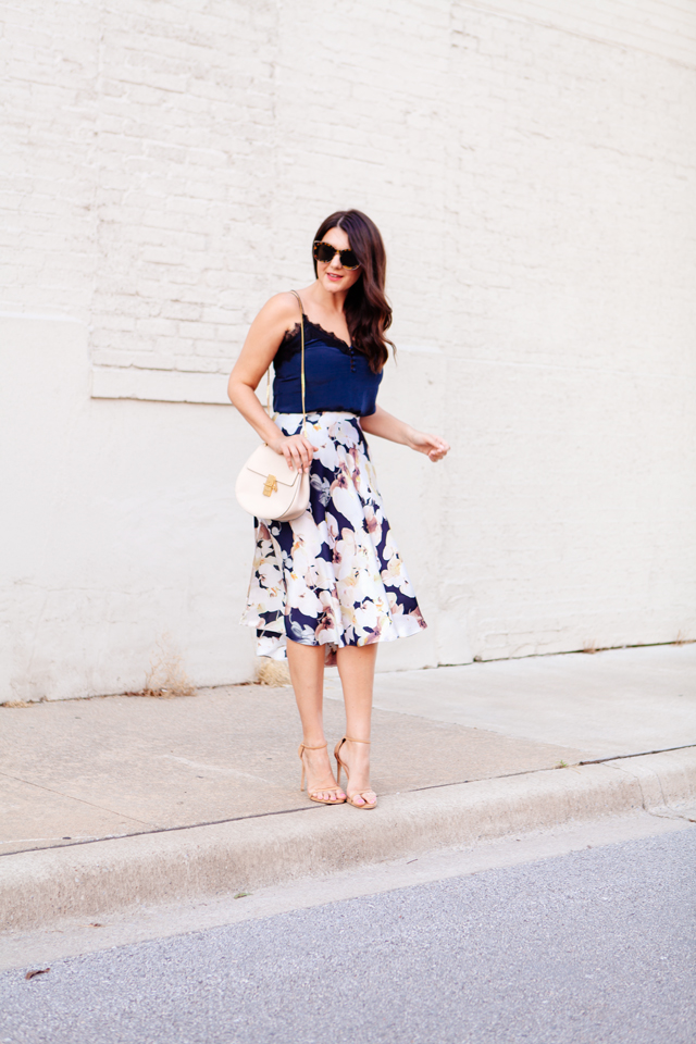 Floral skirt with navy camisole on Kendi Everyday.