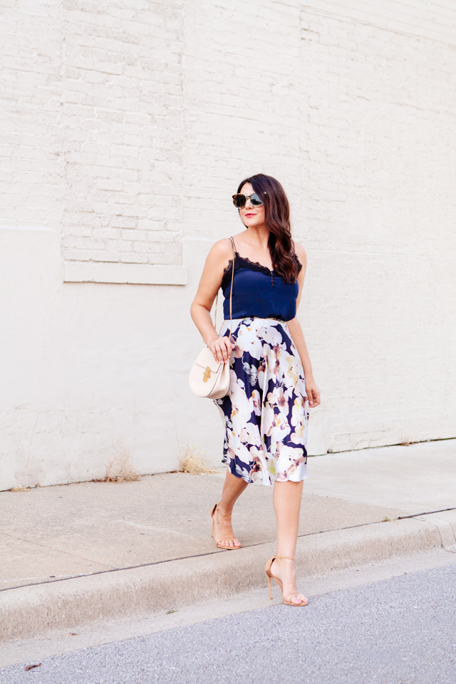 Floral skirt with navy camisole on Kendi Everyday.