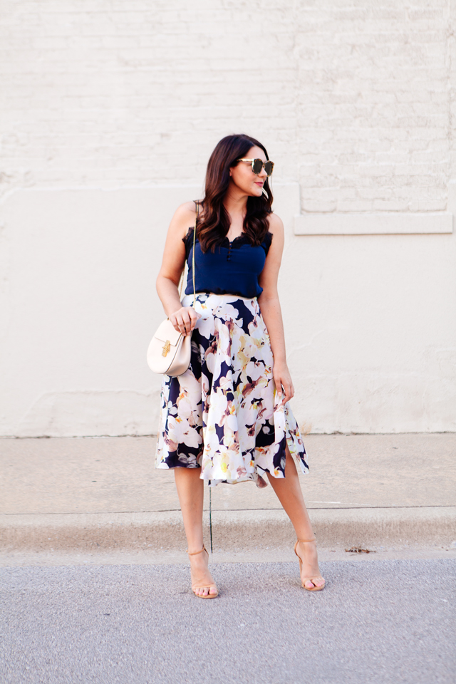 Floral skirt with navy camisole on Kendi Everyday.